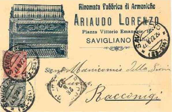 Cartolina pubblicitaria della fabbrica di armoniche di Ariaudo Lorenzo a Savigliano