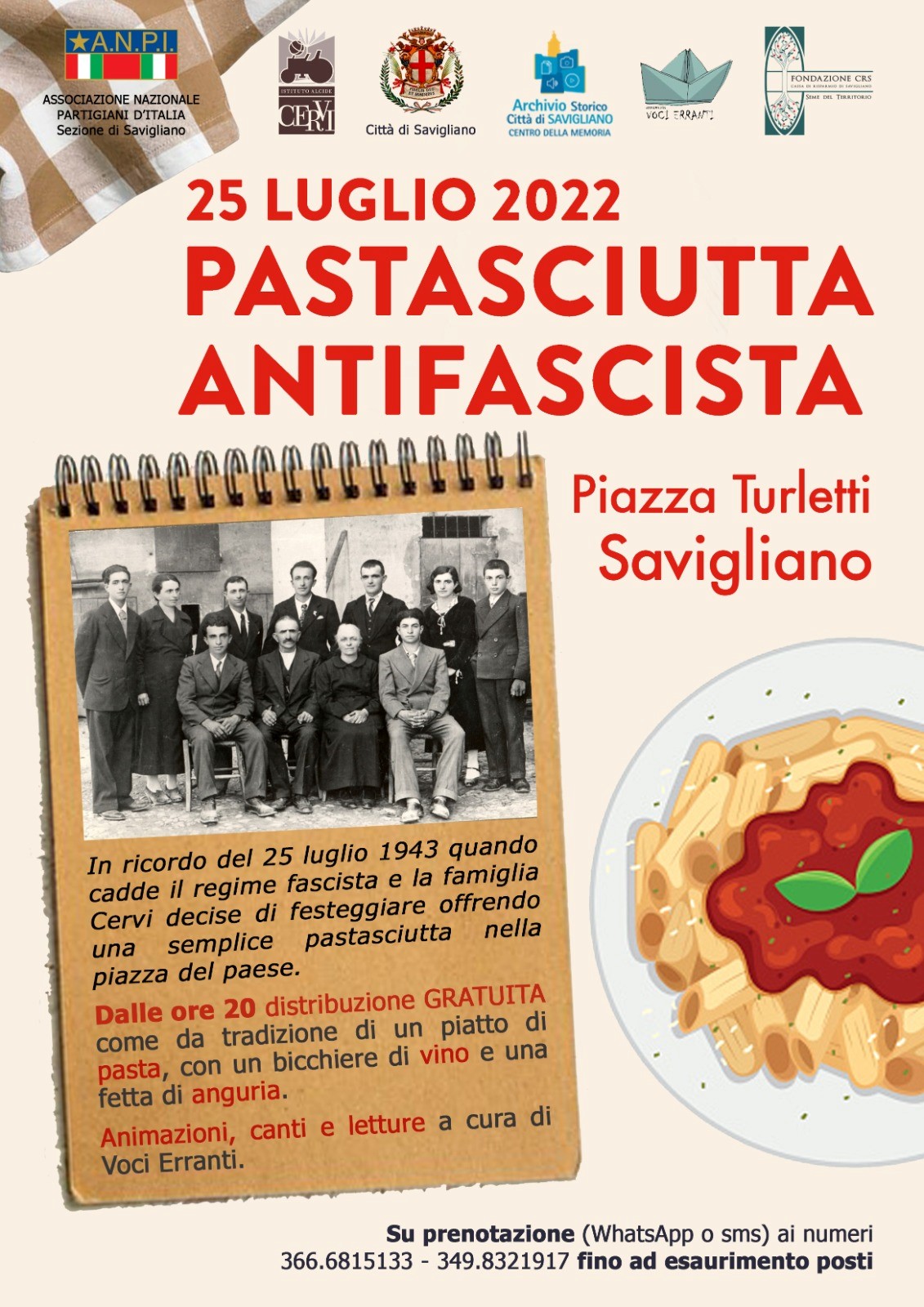 Savigliano, Pastasciutta antifascista 25 luglio 2022