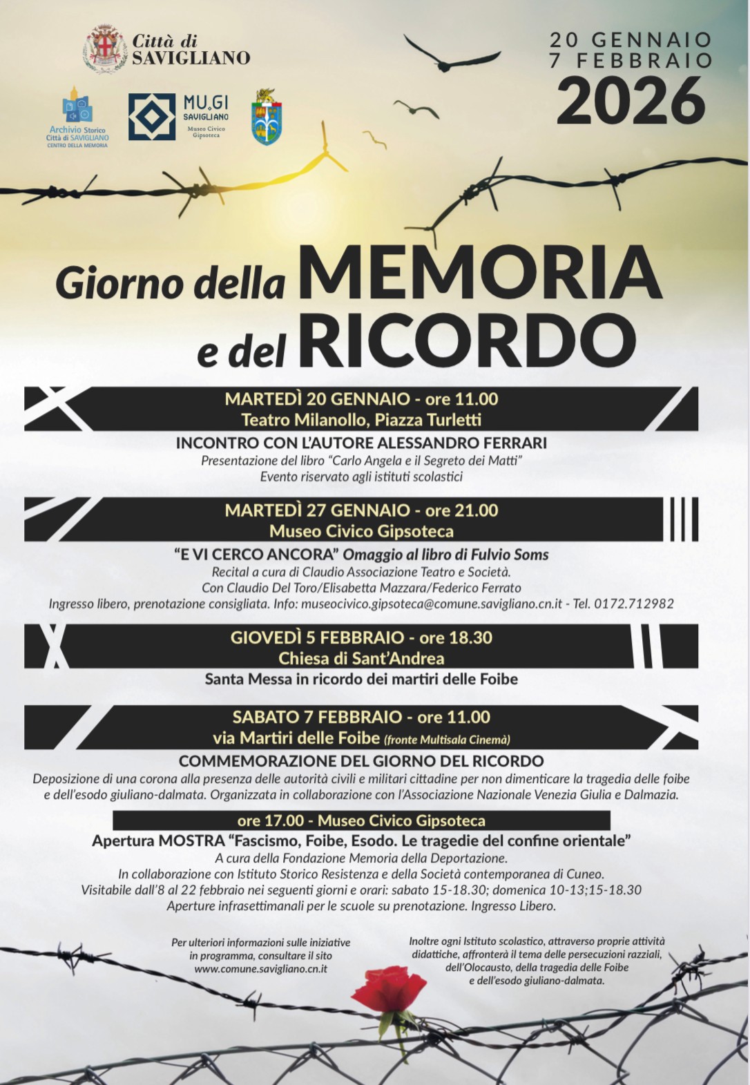 INiziative a Savigliano Giornata della Memoria e Giorno del Ricordo 2026
